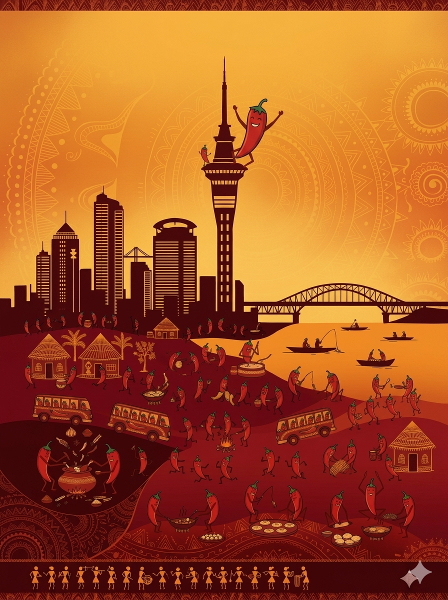 Spice of Auckland — Warli Chilli Tales: dancers, Auckland skyline and Harbour Bridge